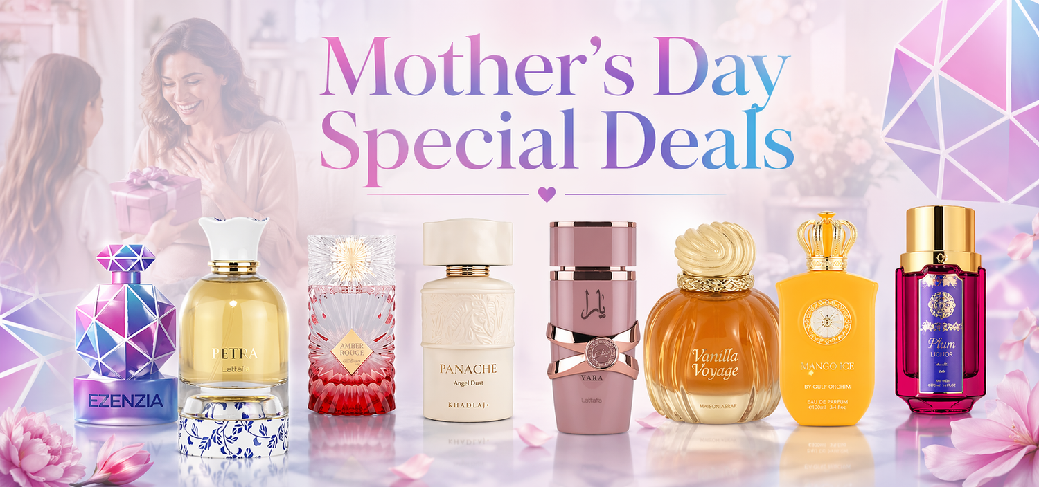 Collection of perfume bottles with 'Mother's Day Special Deals' text on a decorative background-Ezenzia