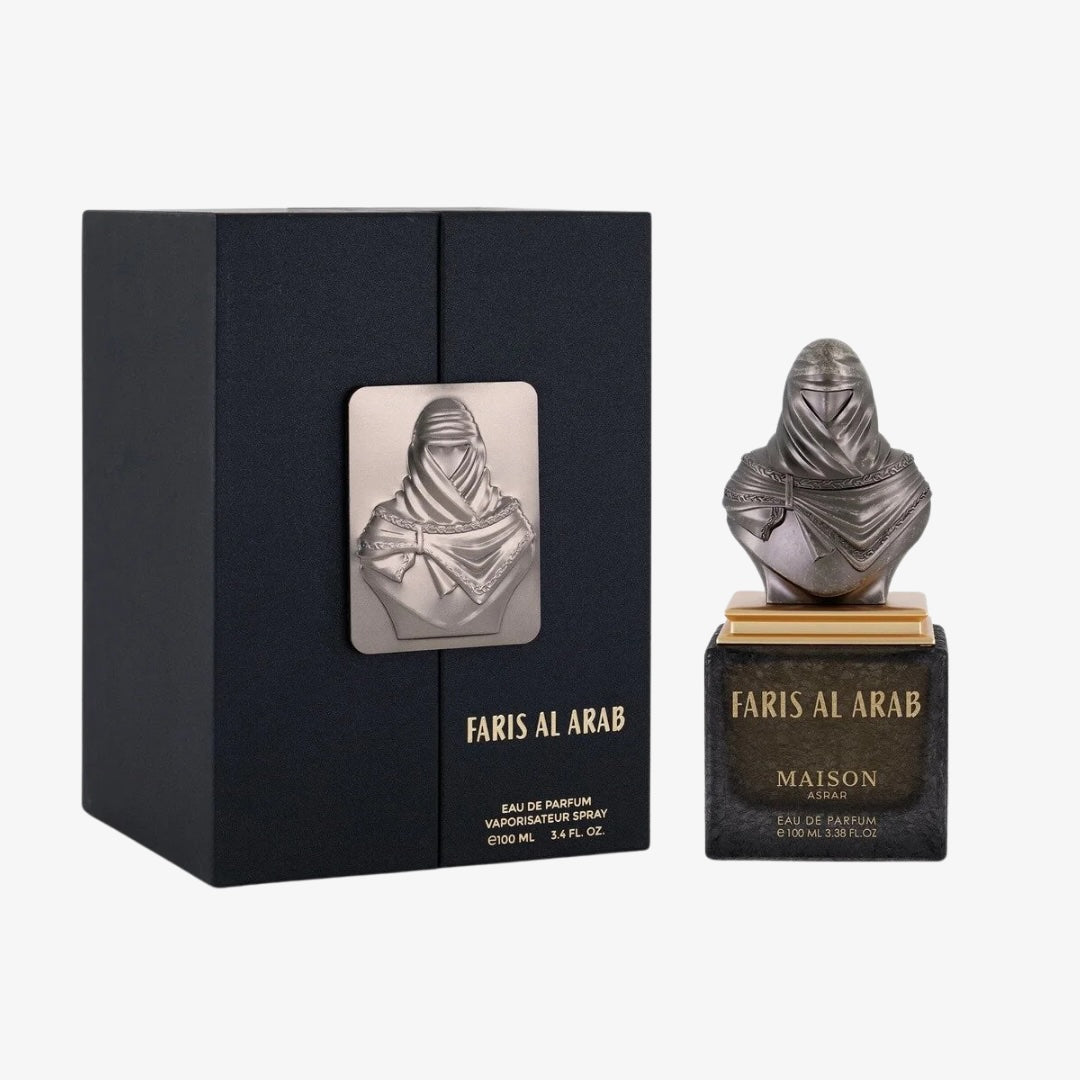Perfume bottle and packaging of Faris Al Arab on a white background