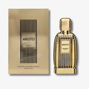 Gold Aristo perfume bottle and packaging on a white background