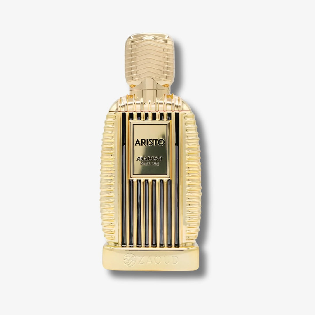 Gold perfume bottle with 'Aristo' branding on a light gray background