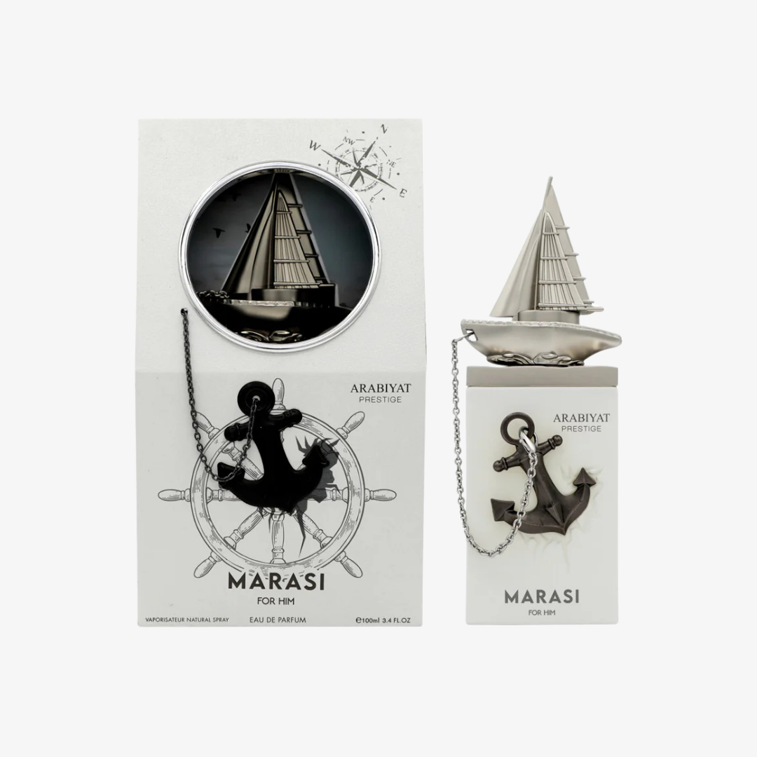 Arabiyat Maras for Him perfume bottle and packaging with anchor and ship design - Ezenzia