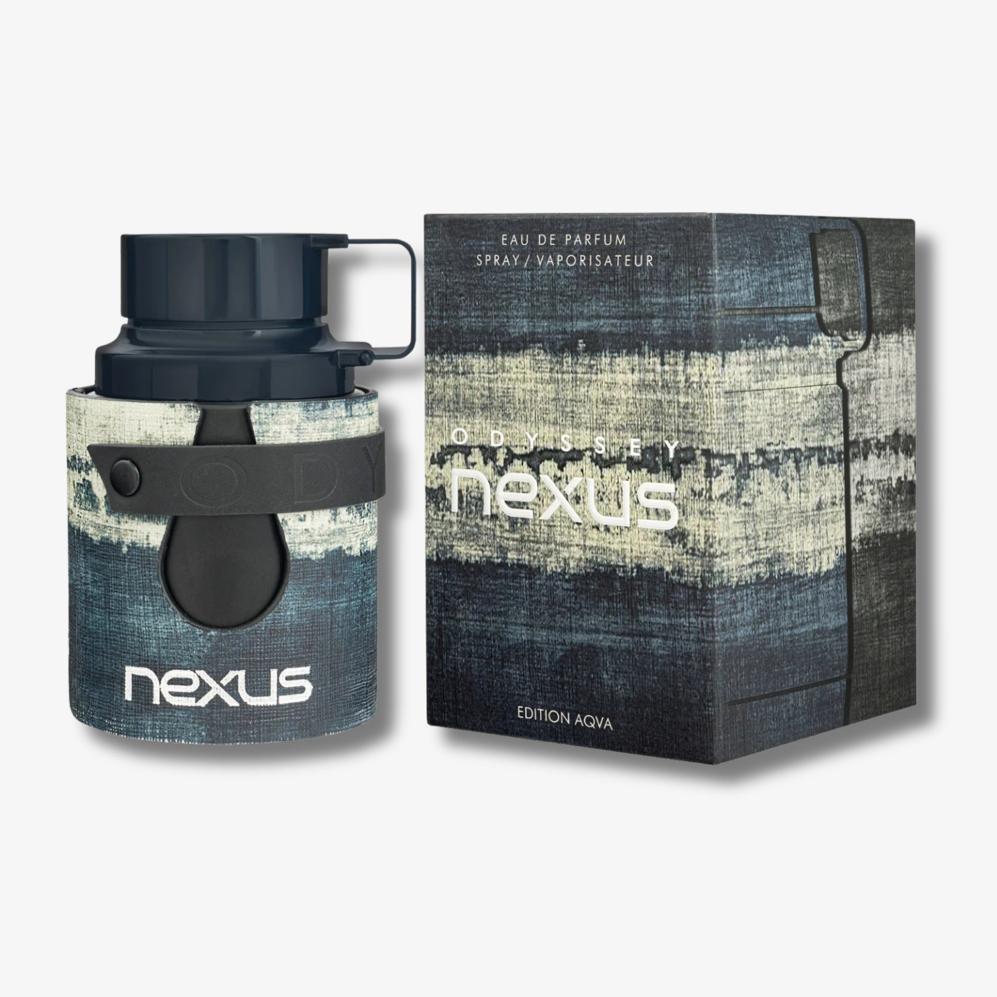 Nexus Eau de Parfum bottle and its packaging box, both featuring a distressed blue and white wood-grain pattern with a black cap and strap.