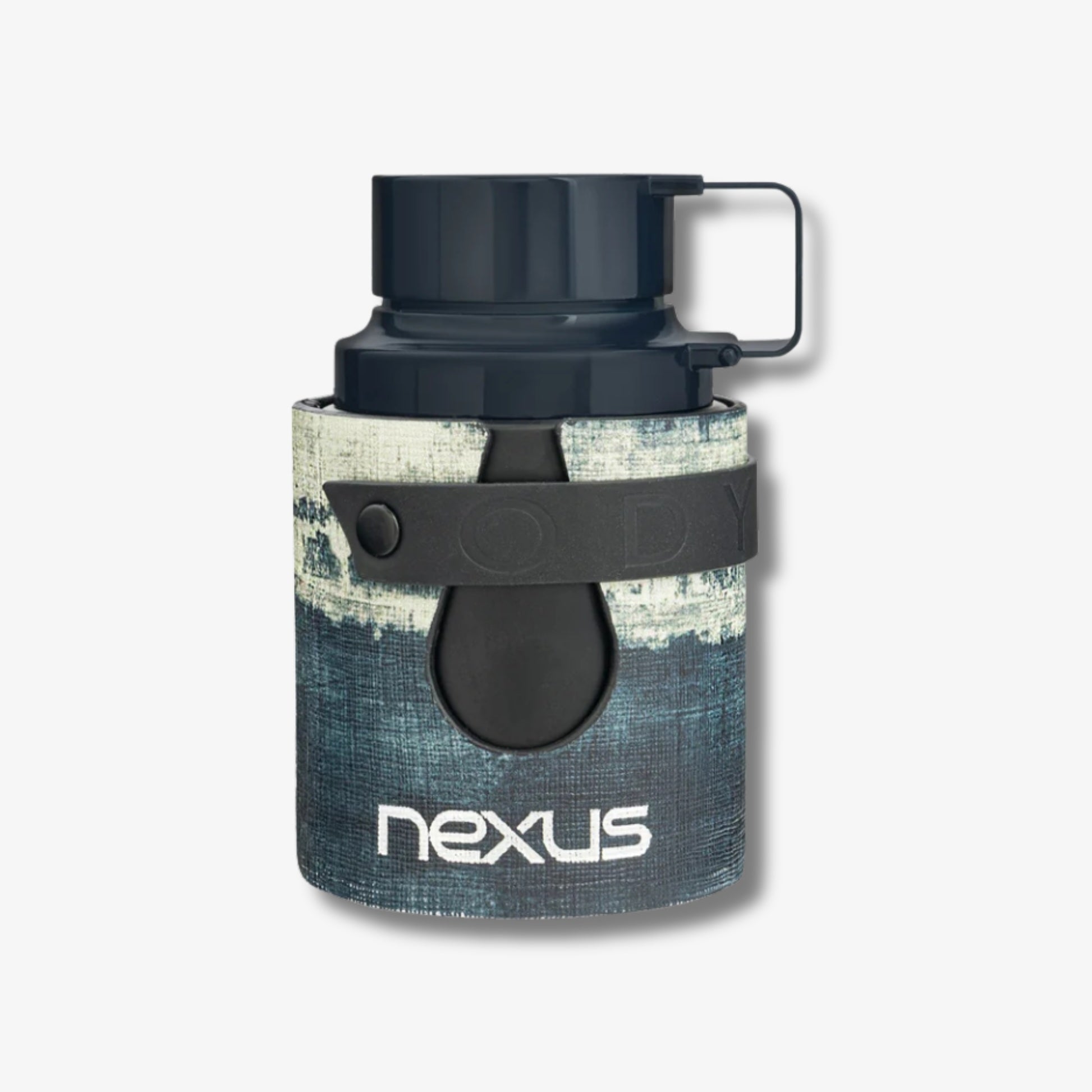 A dark blue and white textured patterned water bottle sleeve with a black Nexus logo, shown on a light gray background.