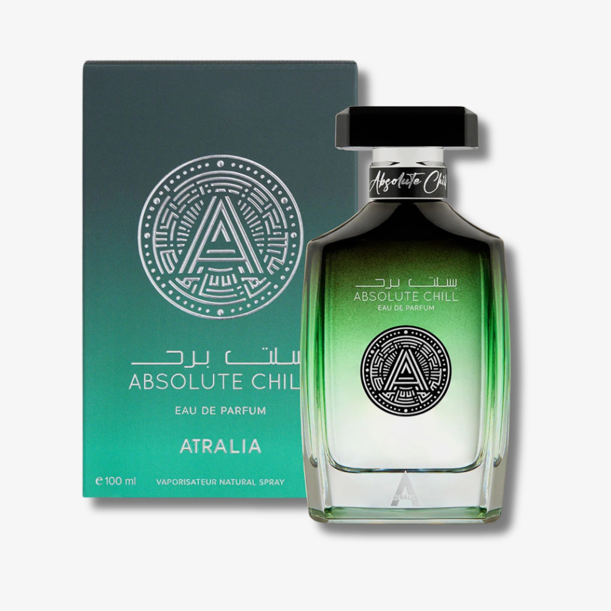 A bottle of Atralia Absolute Chill Eau de Parfum with its matching teal and green packaging box, displayed on a clean white background.
