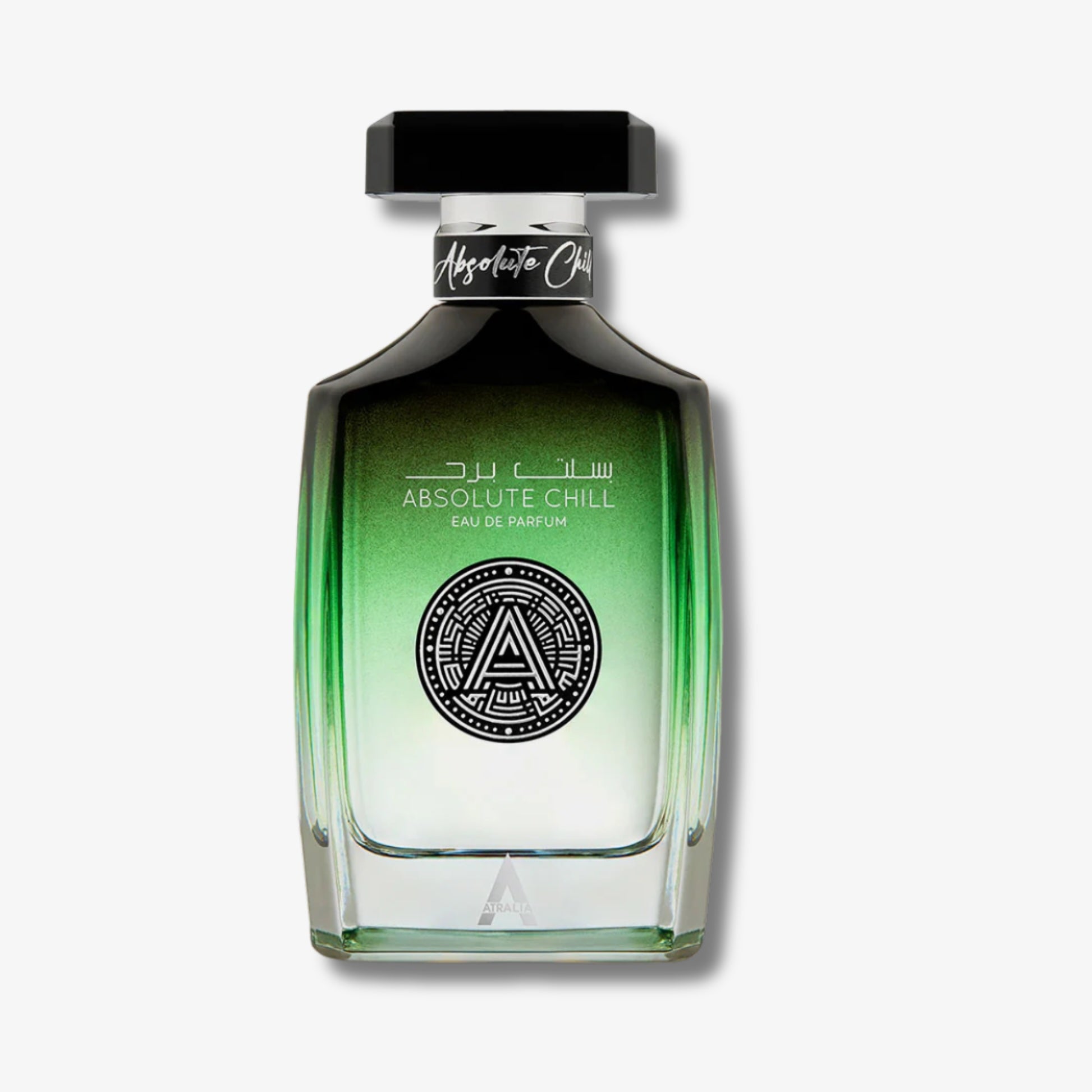Absoluta Chill Eau de Parfum in a clear glass bottle with a green-to-white gradient, a black cap, and a silver neck label.