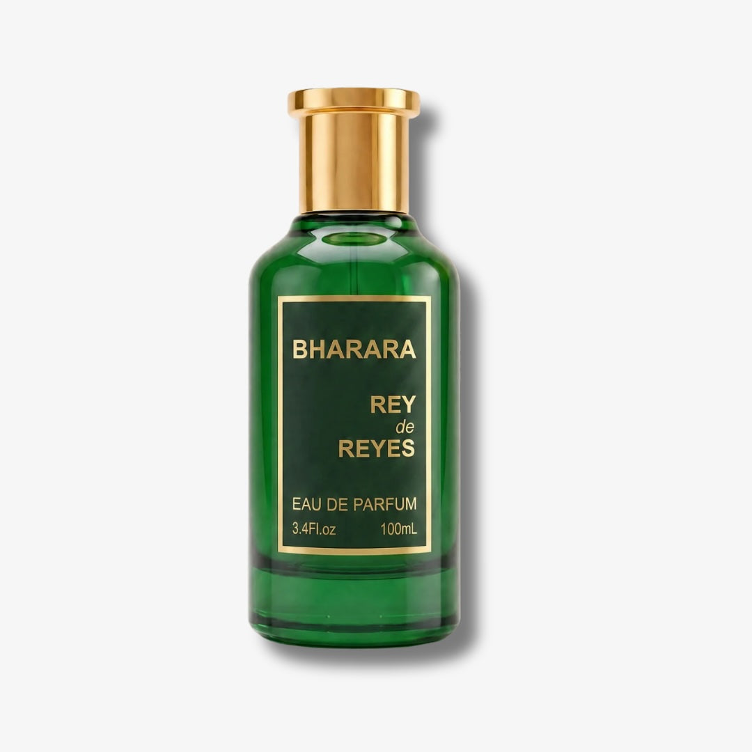 Green perfume bottle with gold cap and label on a white background