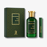 Bharara Rey de Reyes perfume set with bottle and packaging on a white background