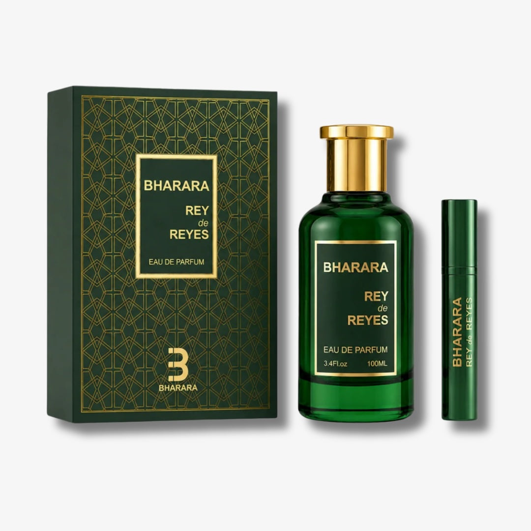 Bharara Rey de Reyes perfume set with bottle and packaging on a white background