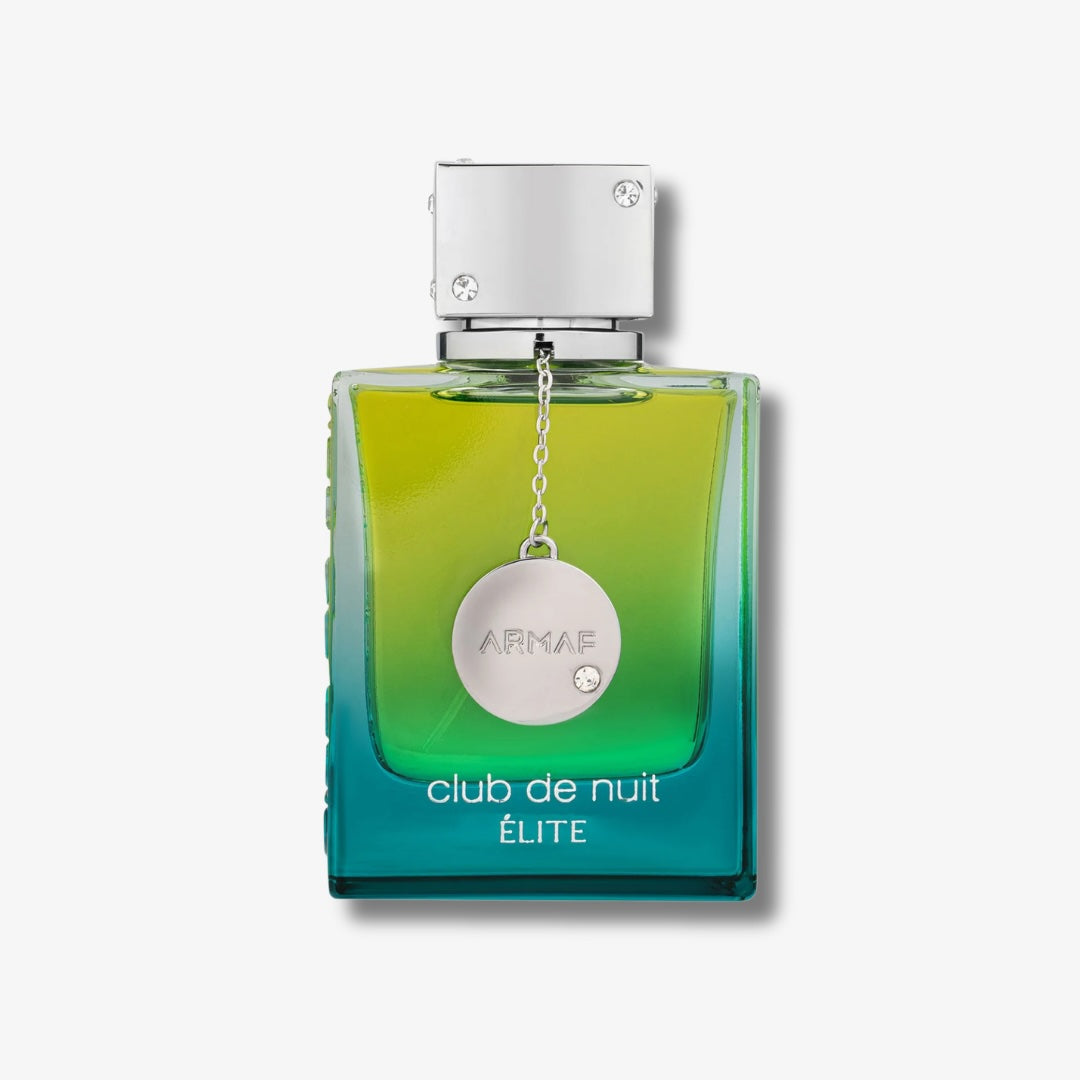 Armaf Club de Nuit Élite perfume bottle with a vibrant green-to-teal gradient glass body, a silver metallic cap, and a silver hanging medallion.