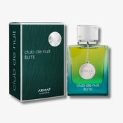 Armaf Club de Nuit Élite perfume bottle and its packaging box, featuring a green-to-yellow gradient bottle with a silver cap and a dark green textured box.