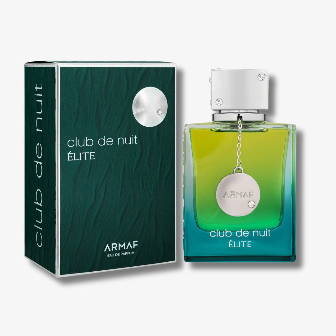 Armaf Club de Nuit Élite perfume bottle and its packaging box, featuring a green-to-yellow gradient bottle with a silver cap and a dark green textured box.
