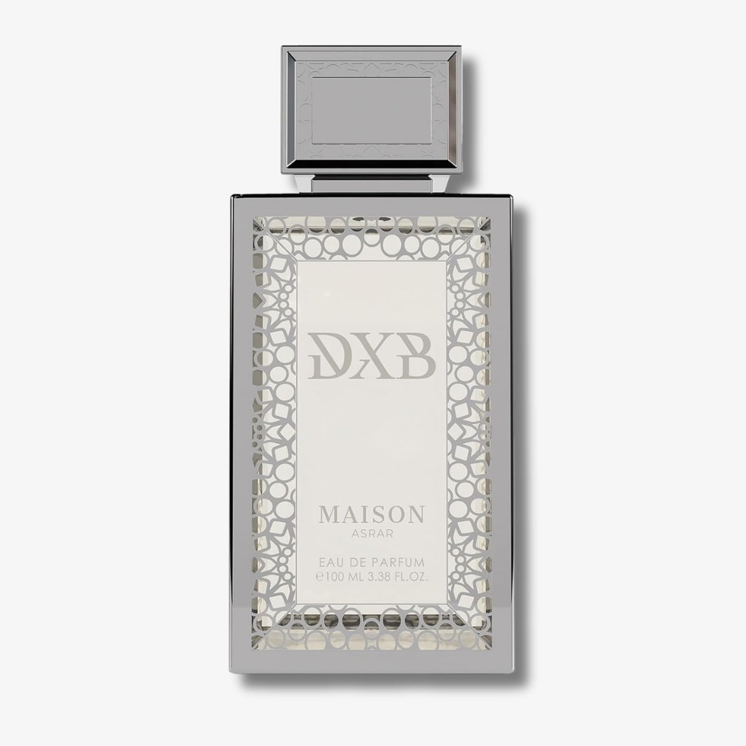 Maison Arslan DXB Eau de Parfum bottle with a silver metallic frame, silver cap, and white label on a light gray background.
