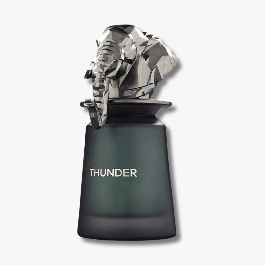 A dark gray cylindrical bottle labeled 'THUNDER' with a faceted metallic silver elephant head sculpture on top, shown against a light gray background.