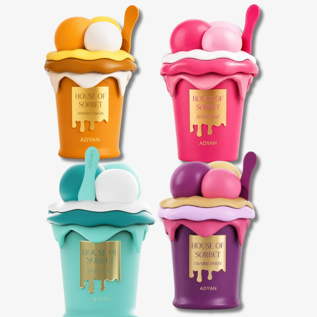 Four colorful soap bottles shaped like ice cream cones with 'House of Sorbet' branding.