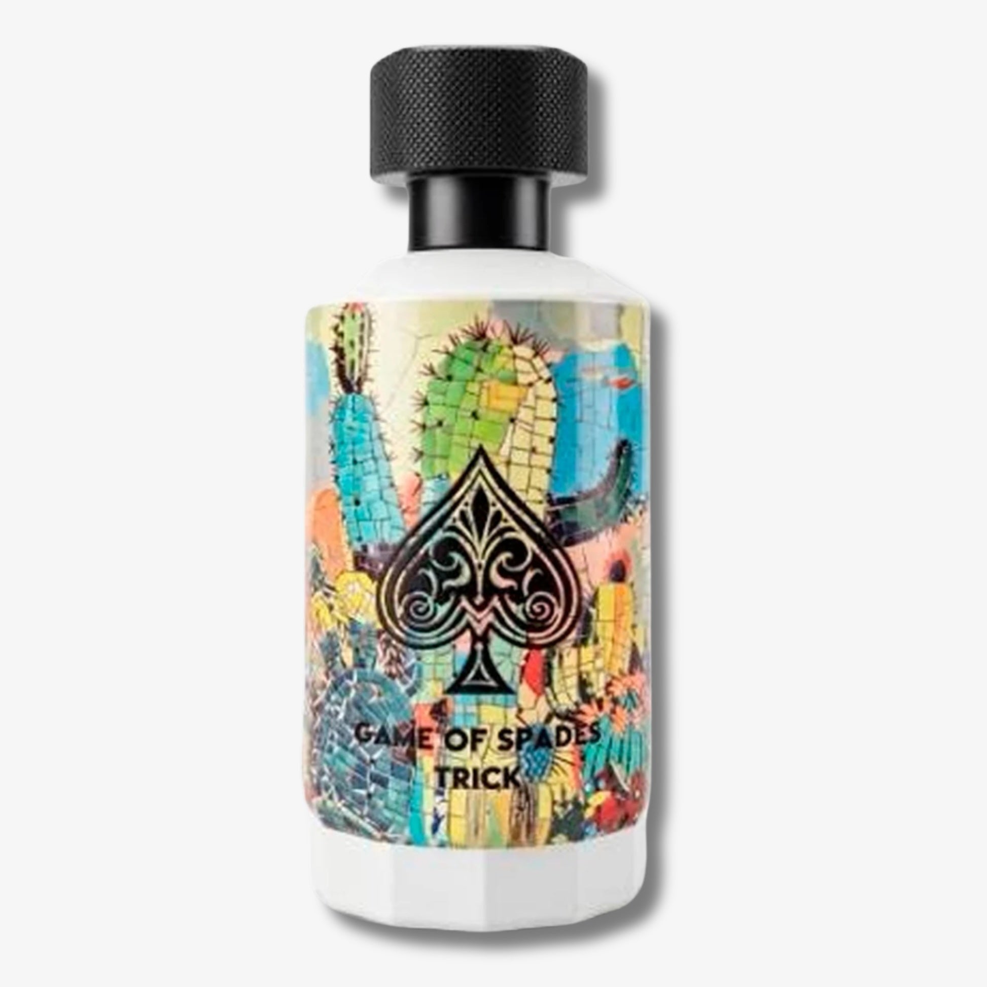 A white bottle with a black cap and a colorful label featuring a large black spade symbol and the text 'GAME OF SPADES TRICK'. The label has a vibrant, multicolored abstract background with green, blue, yellow, and orange shapes.