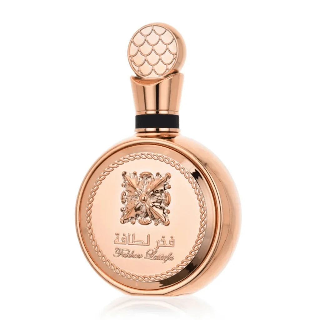 Lattafa Fakhar Gold Extrait perfume bottle and box, Rabanne 1 Million Parfum alternative