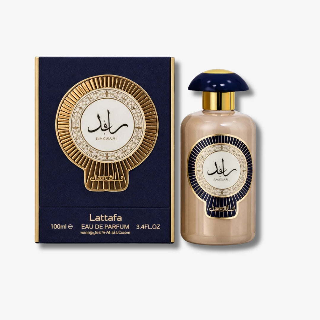 Lattafa perfume bottle and packaging on a white background