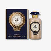Lattafa perfume bottle and packaging on a white background