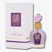 Lailafa Sugar Plum Eau de Parfum bottle next to its white and purple packaging box, featuring a faceted purple cap and gold accents.