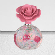 Layaan has a Perfume bottle with pink rose design on a white background