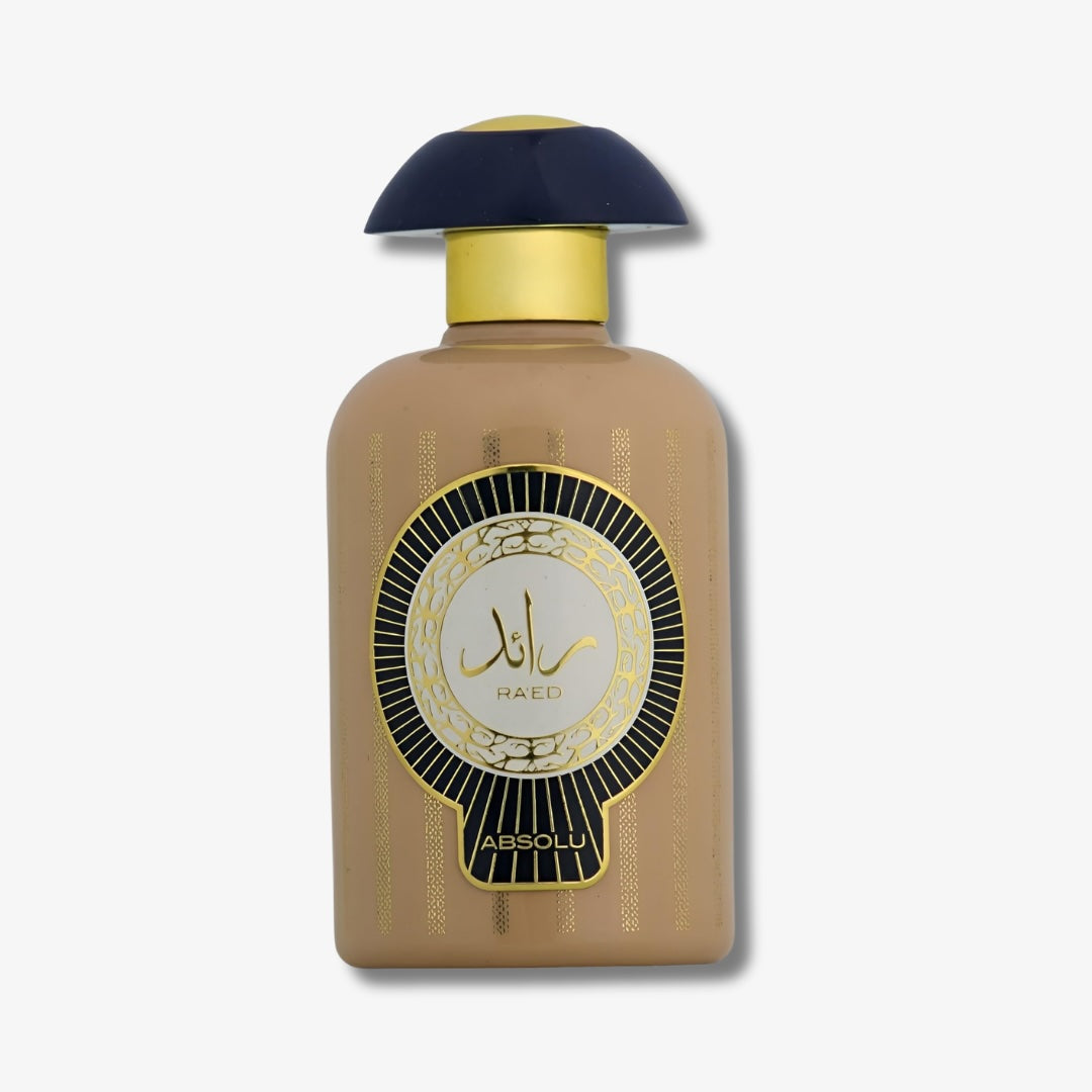 Perfume bottle with decorative label on a white background