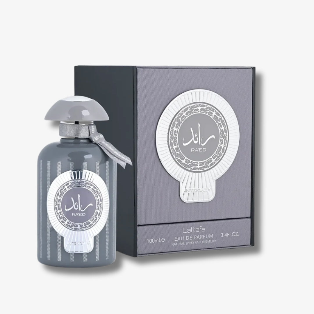Perfume bottle and packaging with 'Lattafa' branding on a light gray background