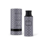 Majesty Royal Collection Asdas Eau de Parfum 100ml spray bottle and its matching cylindrical packaging box, both featuring a gray and black Moroccan trellis pattern, on a white background.
