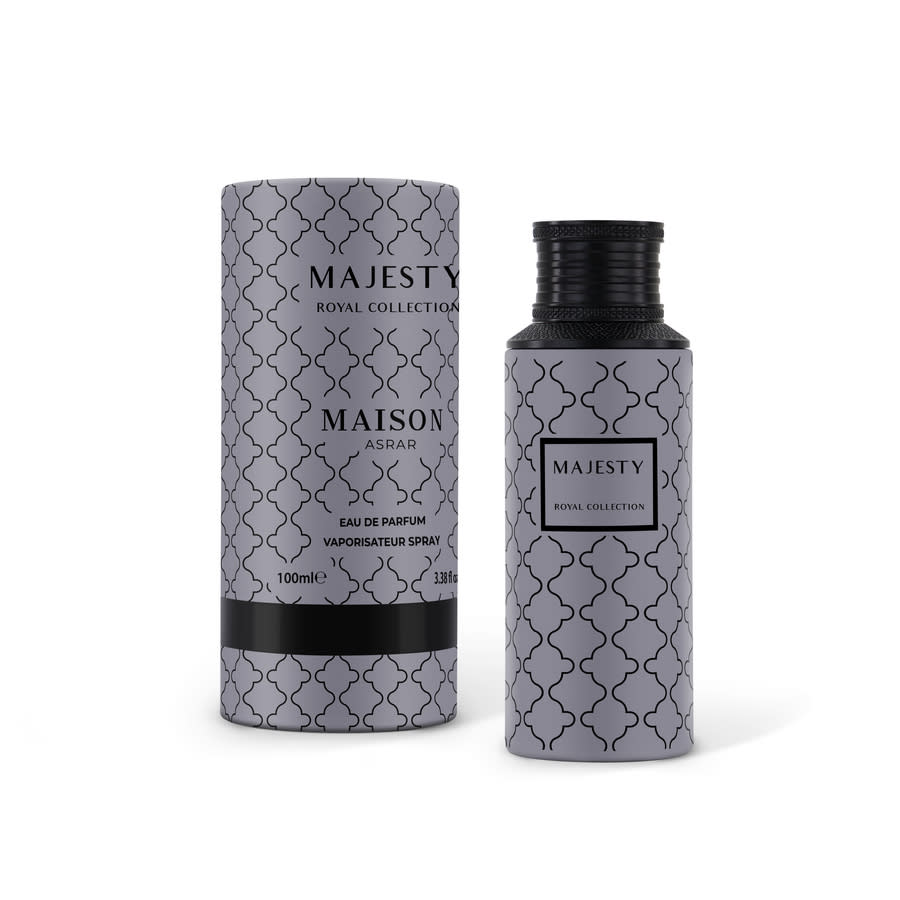 Majesty Royal Collection Asdas Eau de Parfum 100ml spray bottle and its matching cylindrical packaging box, both featuring a gray and black Moroccan trellis pattern, on a white background.