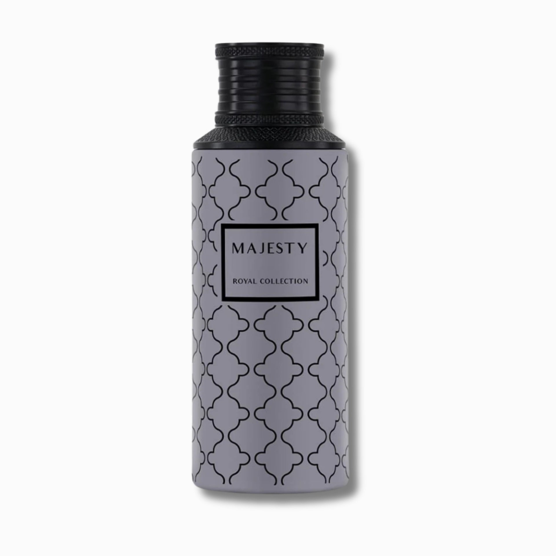 A cylindrical bottle from the Majesty Royal Collection, featuring a light gray body with a black trellis pattern and a black ribbed cap, set against a plain white background.