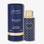 Maison Asrar Legacy Royal Collection Eau de Parfum, 100ml, shown with its navy blue cylindrical packaging box and the matching spray bottle. Both feature a navy blue background with a gold geometric trellis pattern and gold lettering.