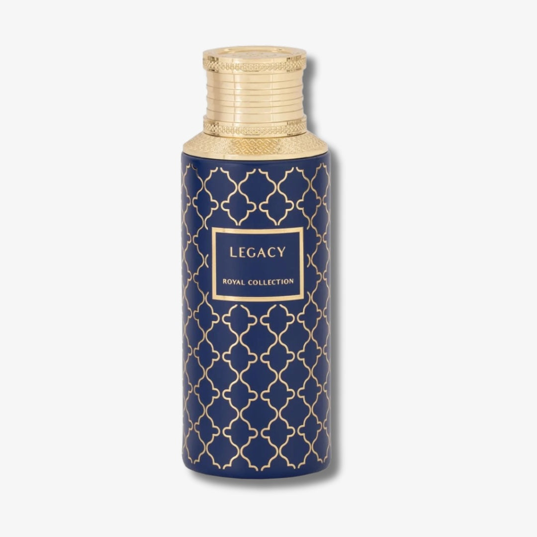 A tall, cylindrical bottle from the Legacy Royal Collection, featuring a deep navy blue body with a gold trellis pattern and a textured gold cap, set against a light gray background.