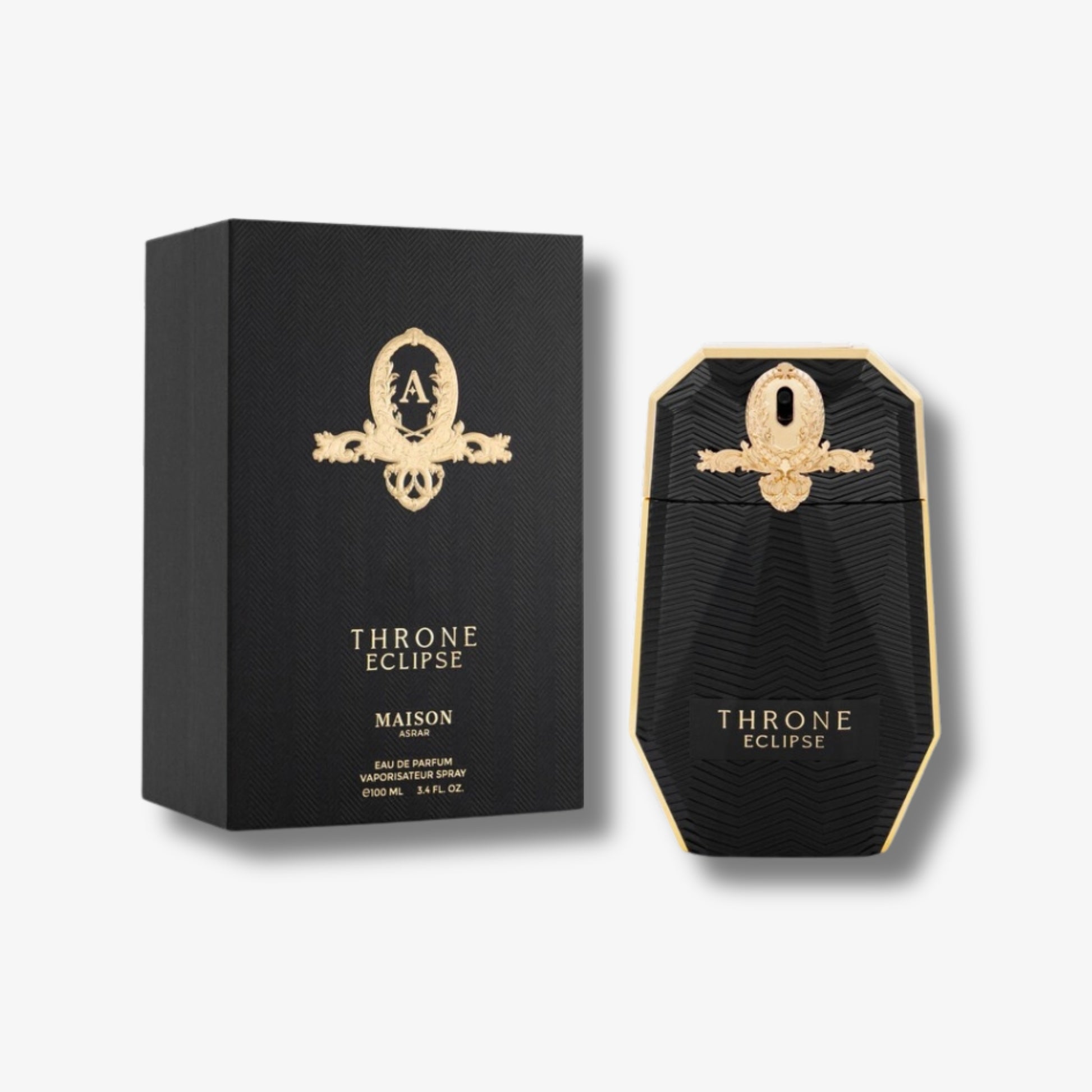 Black and gold 'Throne Eclipse' perfume bottle and packaging on a white background