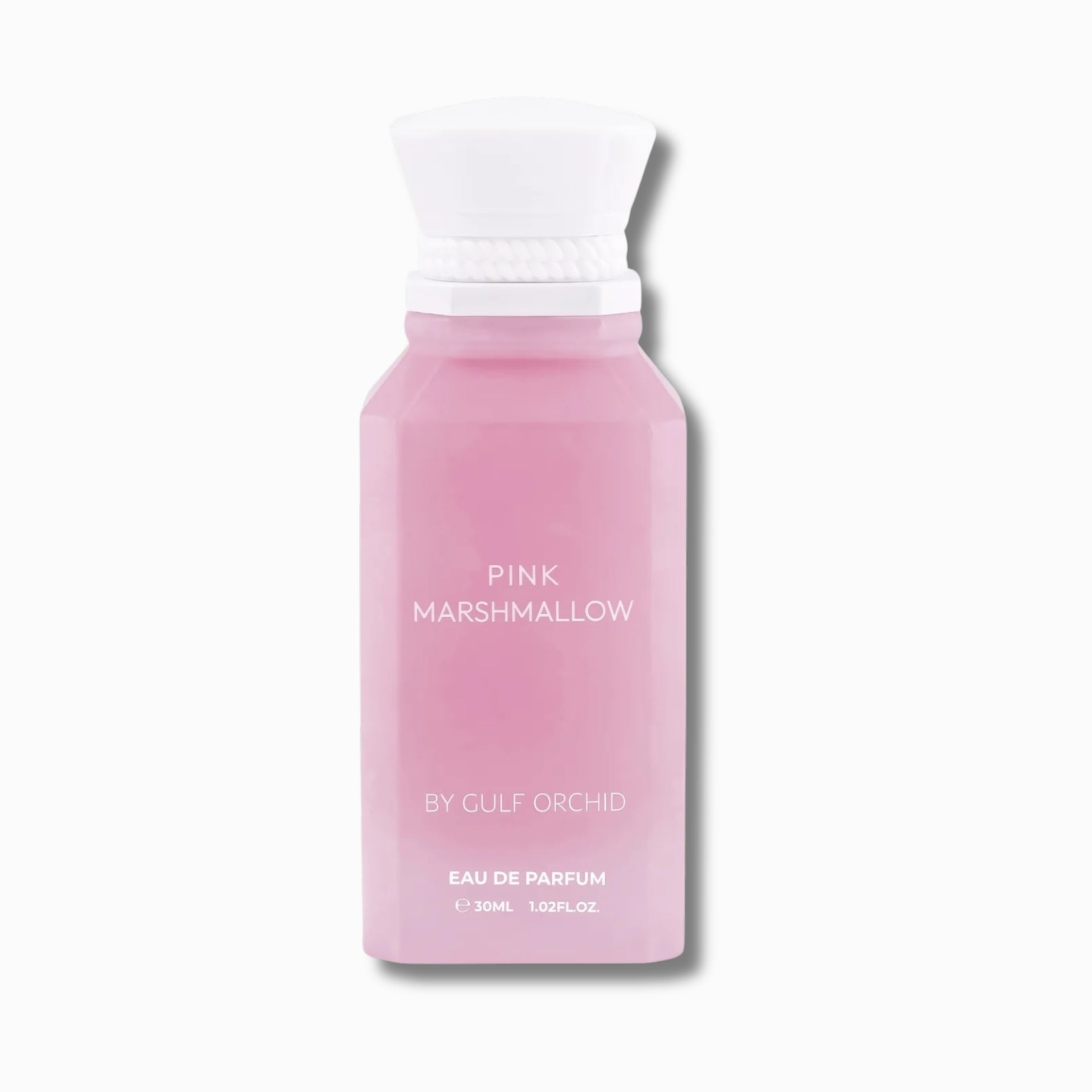 A pink rectangular perfume bottle with a white cap, labeled 'PINK MARSHMALLOW' and 'BY GULF ORCHID', on a white background.