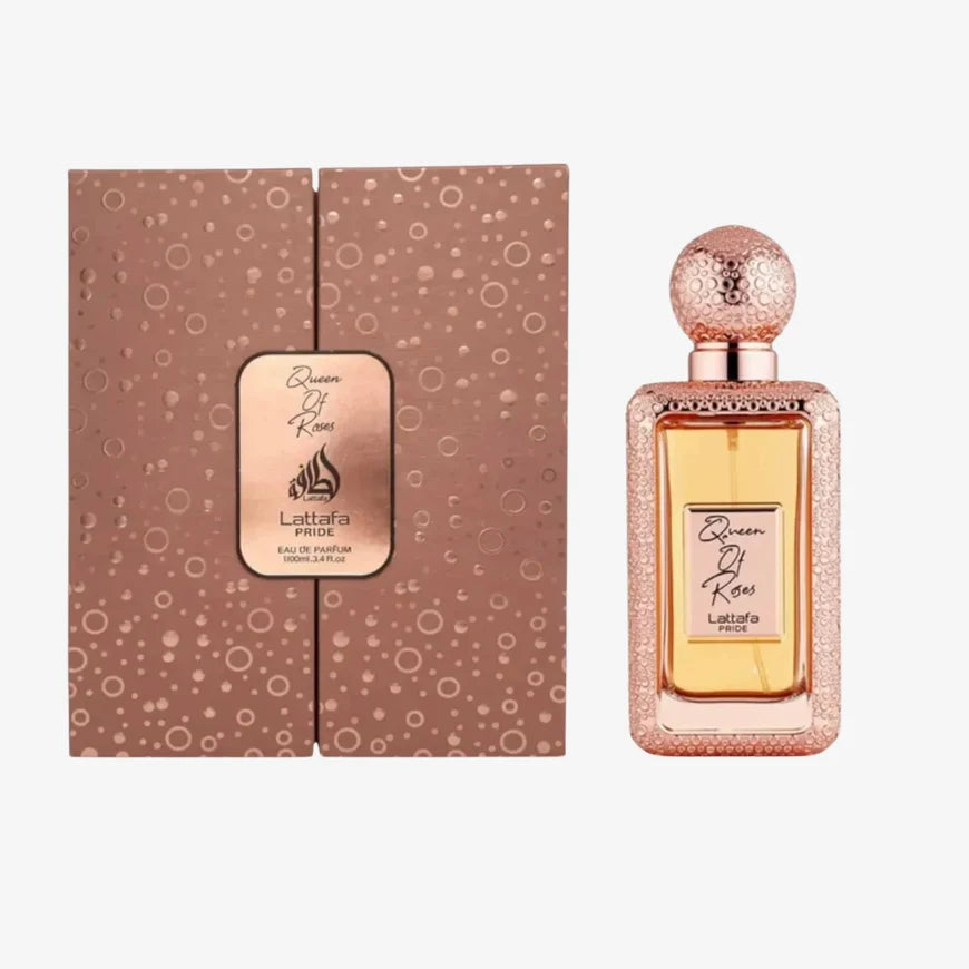 Lattafa perfume bottle and packaging with 'Queen of Rose' on a white background - Ezenzia