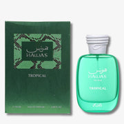 Hawas Tropical Eau de Parfum for men, showing the green textured outer box next to the translucent mint green glass bottle with a white cap.