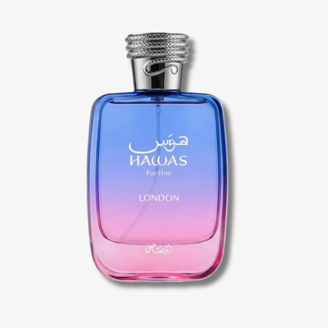 A bottle of HAWAS For Him London perfume, featuring a blue-to-pink gradient glass bottle with a textured silver cap, set against a light gray background.