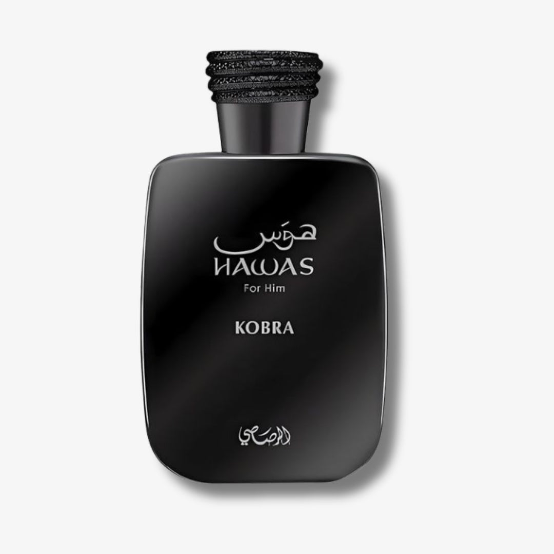A black rectangular perfume bottle with rounded corners, featuring white Arabic calligraphy and the text 'NAWAS For Him' and 'KOBA' on the front, set against a light gray background.