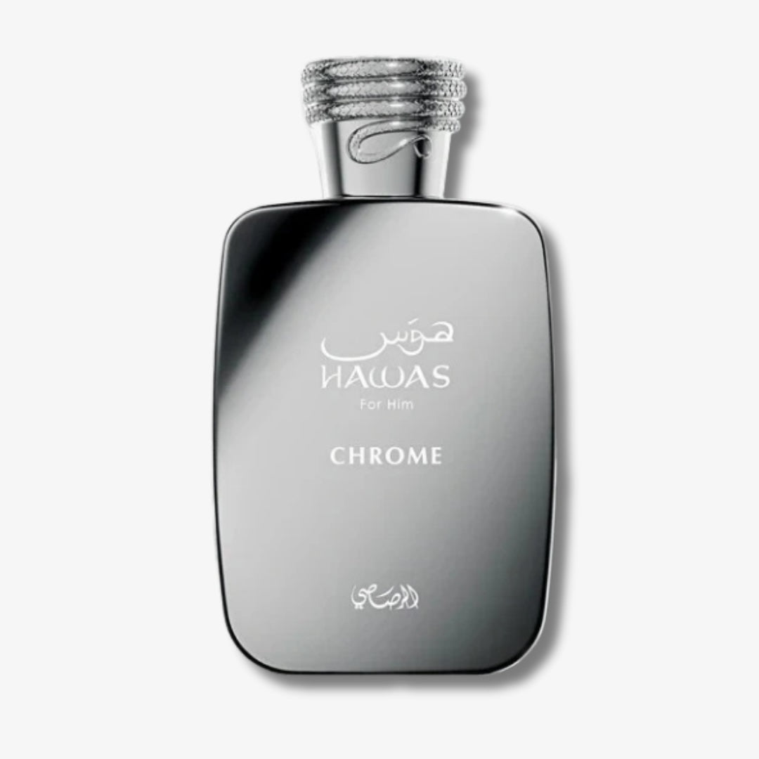 Silver perfume bottle labeled 'Hawas' on a white background