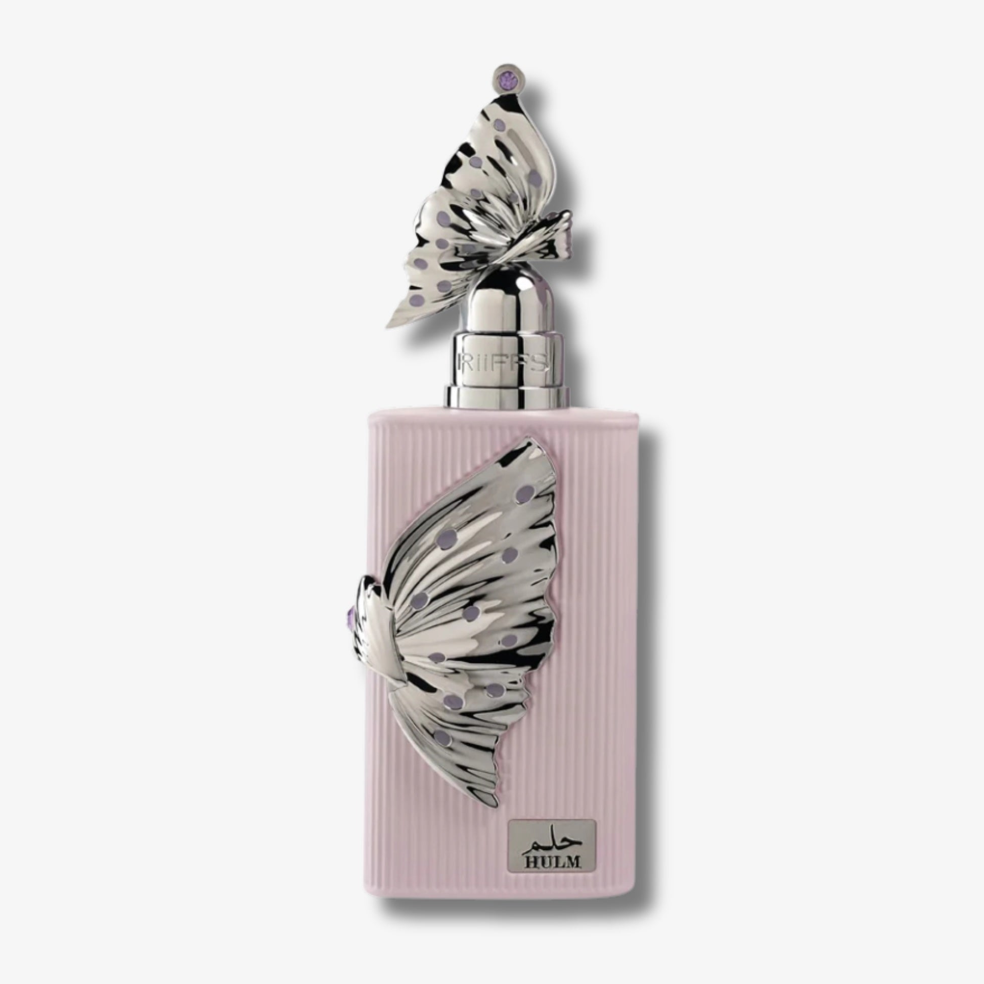 A pink rectangular perfume bottle with a ribbed texture, featuring a large silver butterfly ornament on the front and a matching butterfly cap on the neck. The bottle is set against a clean, light gray background.