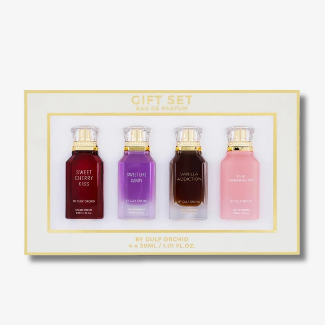 Set of four perfume bottles in a decorative box with 'Gulf Orchid' branding.