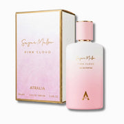 Sugar Melior Pink Cloud Atralia Eau de Parfum bottle and its packaging box, both featuring a soft pink and white gradient design with gold lettering, set against a clean white background.