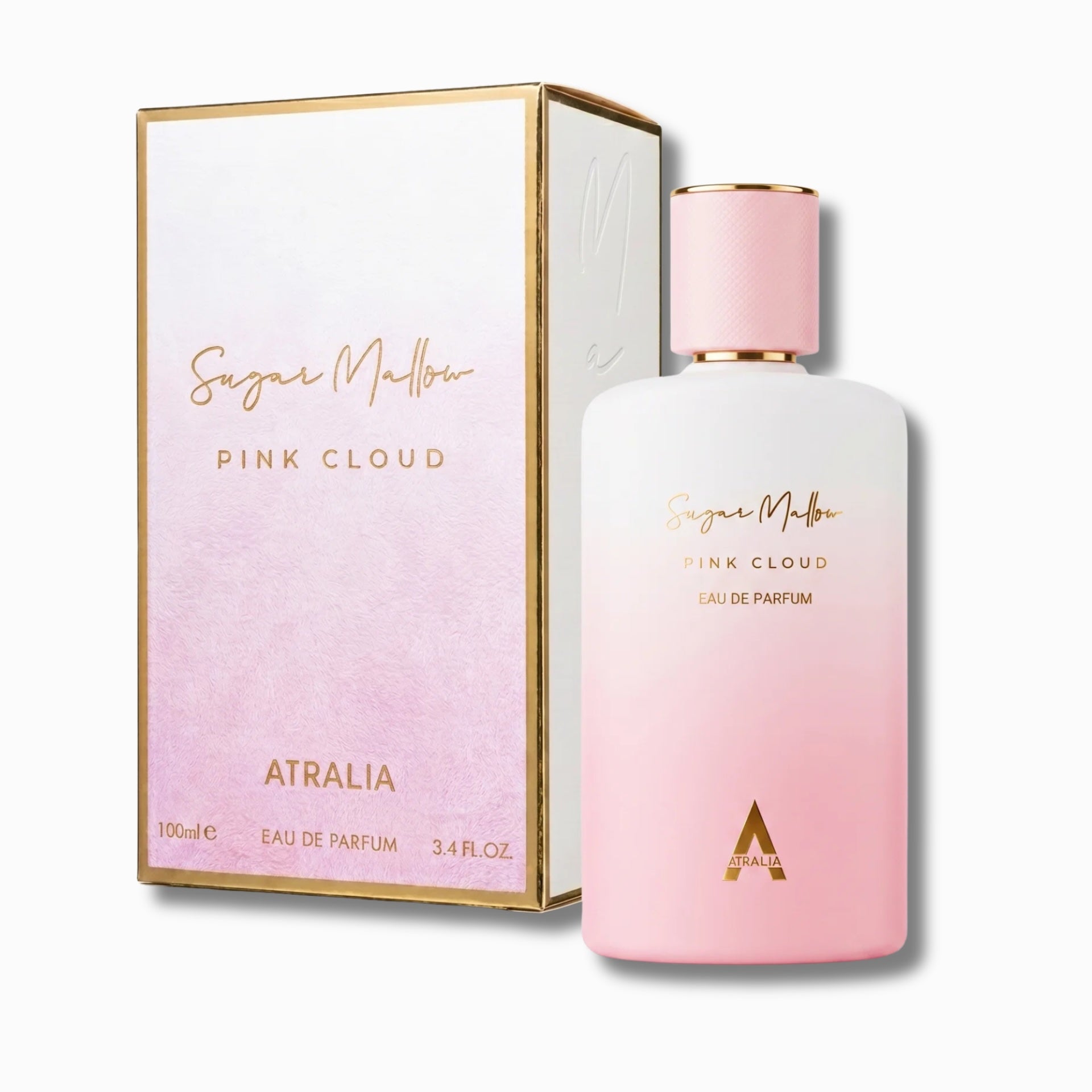 Sugar Melior Pink Cloud Atralia Eau de Parfum bottle and its packaging box, both featuring a soft pink and white gradient design with gold lettering, set against a clean white background.