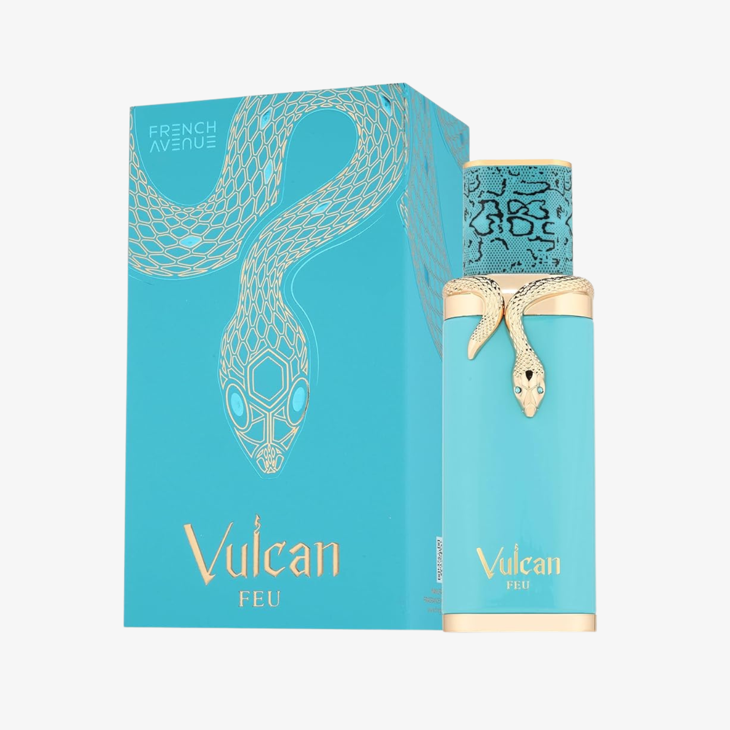 Vulcan Feu perfume bottle and packaging with snake design on a light blue background