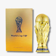 Gold trophy-shaped bottle and packaging labeled 'World Cup VIP' on a white background