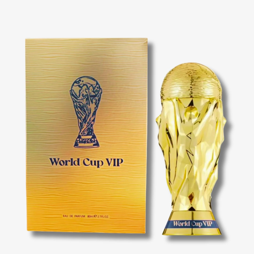 Gold trophy-shaped bottle and packaging labeled 'World Cup VIP' on a white background