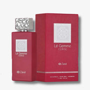 Zakat Le Gemme Cerise Eau de Parfum bottle and its matching textured red packaging box, featuring a silver geometric cap and silver logo details.