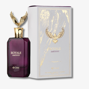 A bottle of ROYALE Amethyst perfume next to its packaging box. The bottle is made of deep purple glass with a gold winged cap, and the box is white with gold foil details.