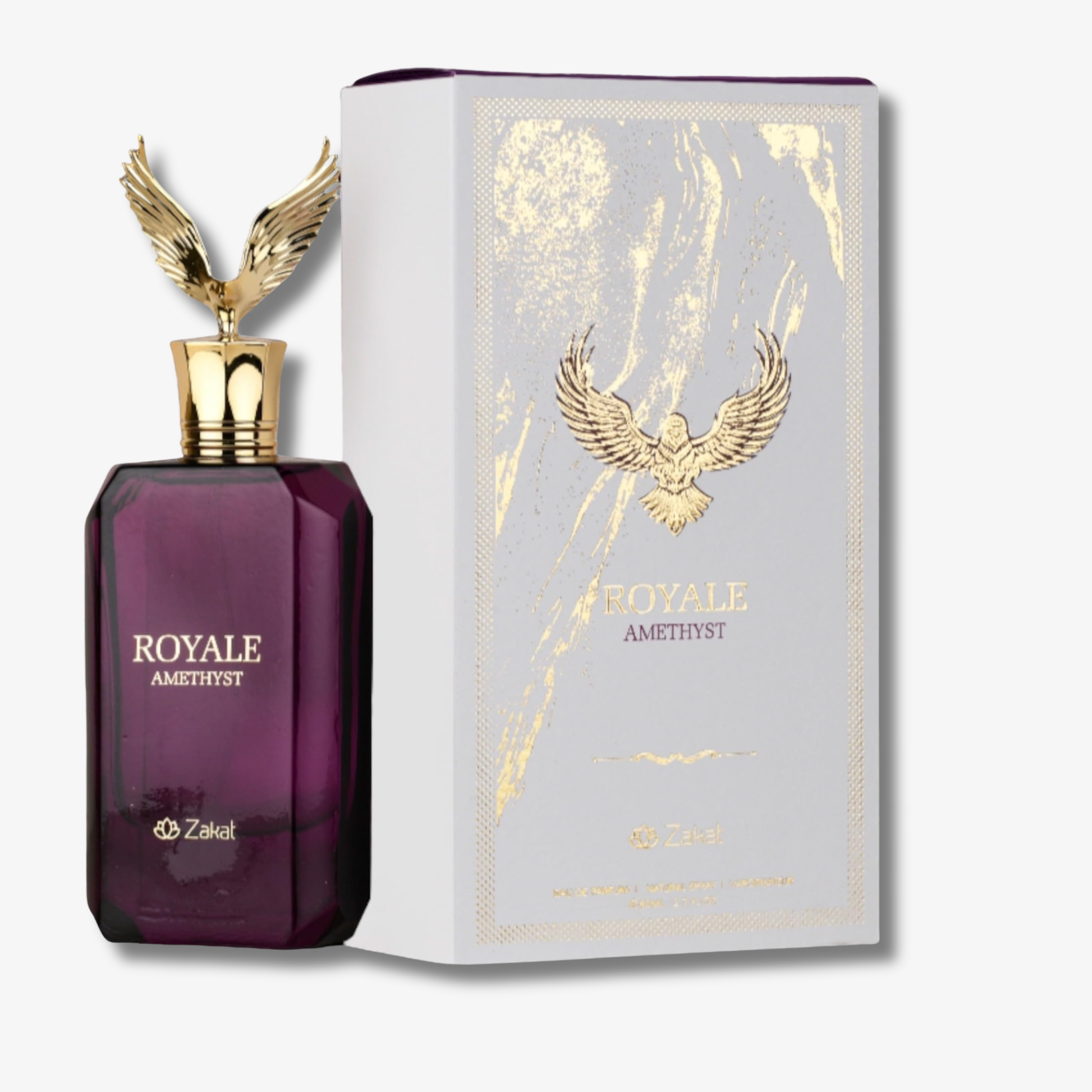 A bottle of ROYALE Amethyst perfume next to its packaging box. The bottle is made of deep purple glass with a gold winged cap, and the box is white with gold foil details.