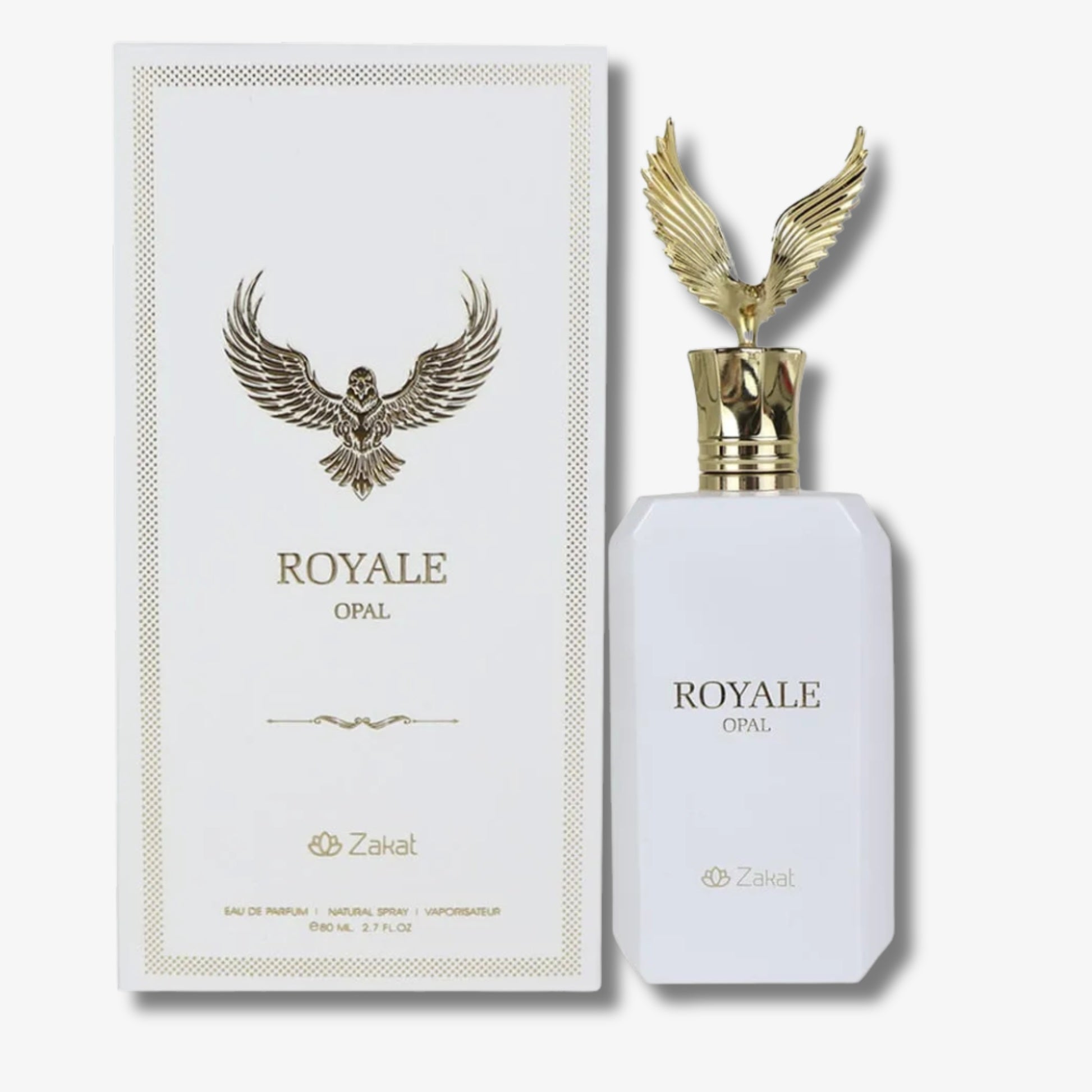 Zakat Royale Opal perfume bottle and its matching white packaging box, both featuring a gold eagle emblem and 'ROYALE OPAL' text, set against a clean white background.