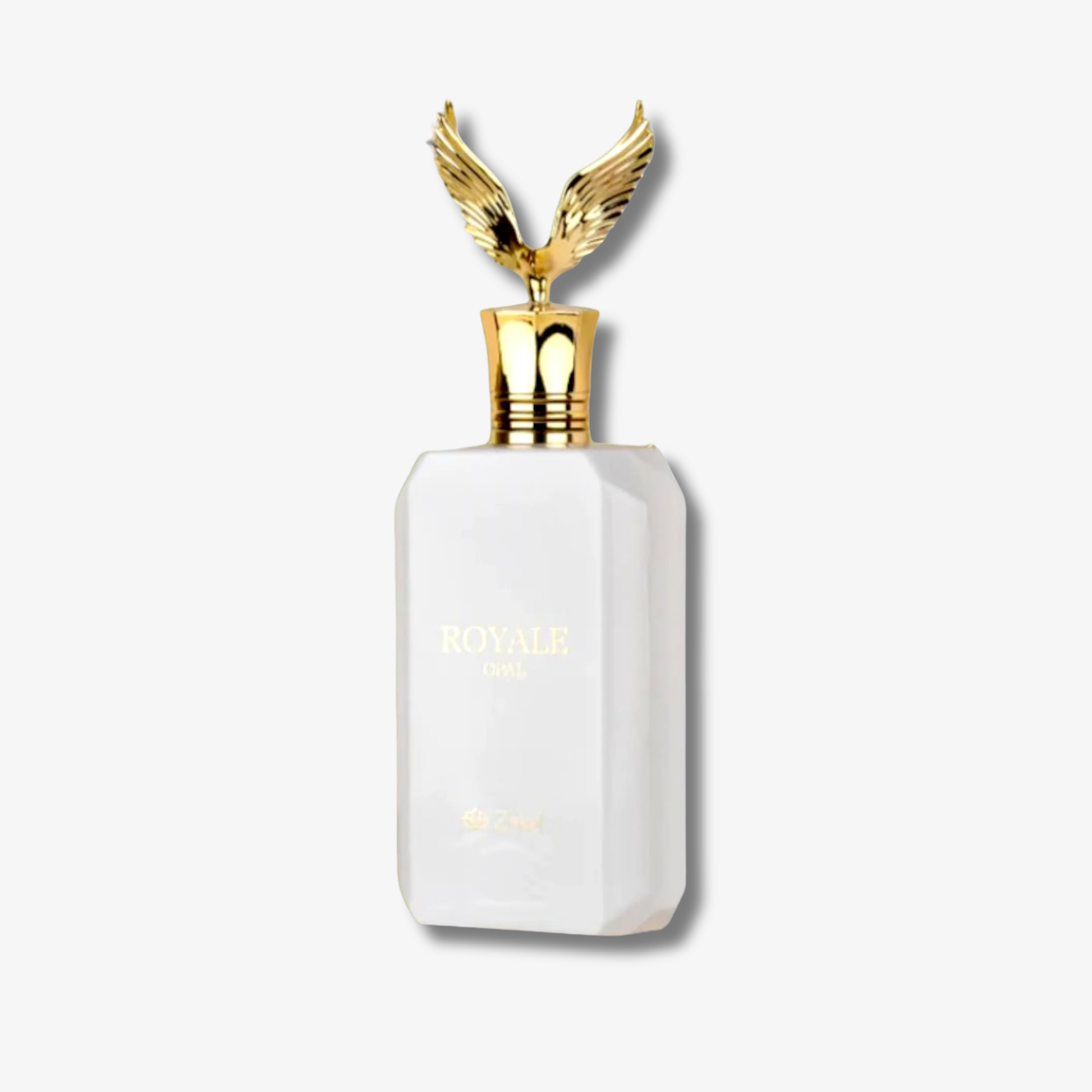 A white rectangular perfume bottle with a shiny gold winged cap, featuring the text 'ROYALE 1941' in gold on the front, set against a light gray background.